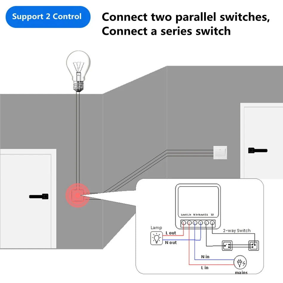 16A works with Tuya WiFi Smart Switch Module 2-way Control Mini Switch Breaker Smart Life Work With Alexa Google Alice