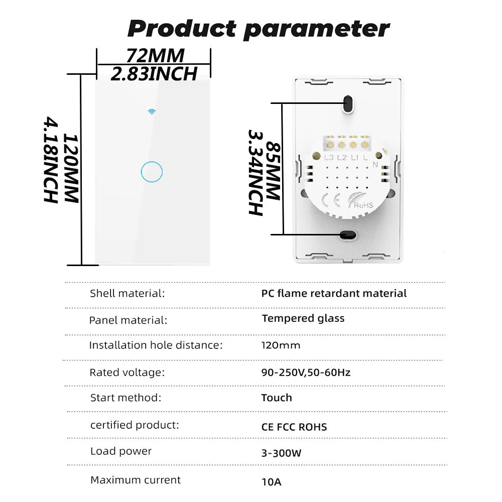Smart Wifi Touch Switch Neutral Wire/No Neutral Wire Required US 1/2/3/4 Gang Light Switch Works with Tuya Smart Life App