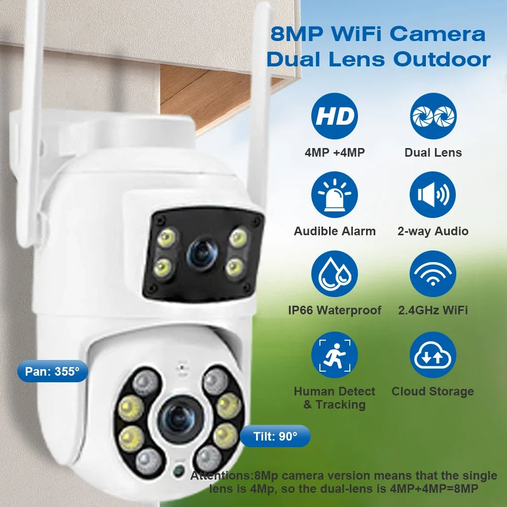 TAITAS 8MP 4K PTZ Wifi Camera with Dual Lens Dual Screens AI Human Detection Wireless Outdoor CCTV Security IP Camera Ziicam
