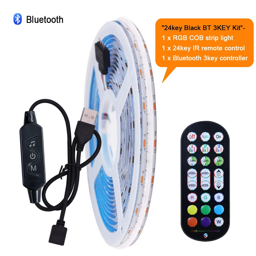 Wifi Bluetooth-compatible RGB COB LED Strip Light 5V 24key 44key Kit Remote Control 576LED High Density Linear Lights Flex Tape