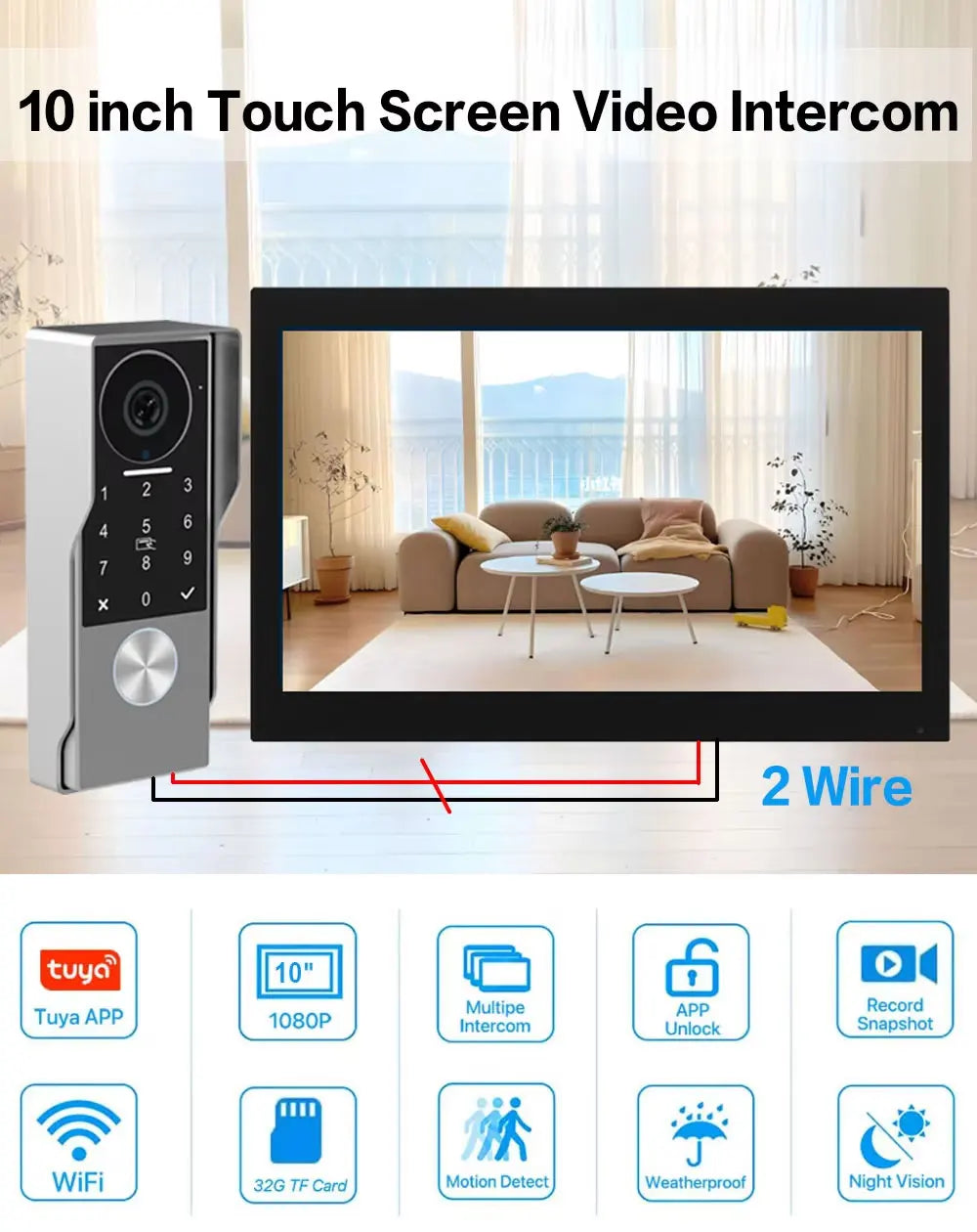 2-Wire Smart Video intercom doorbell 5G WiFi 7/10 inch Touch Screen 1080P Rainproof Camera Password Video Doorphone 5in1 Unlock