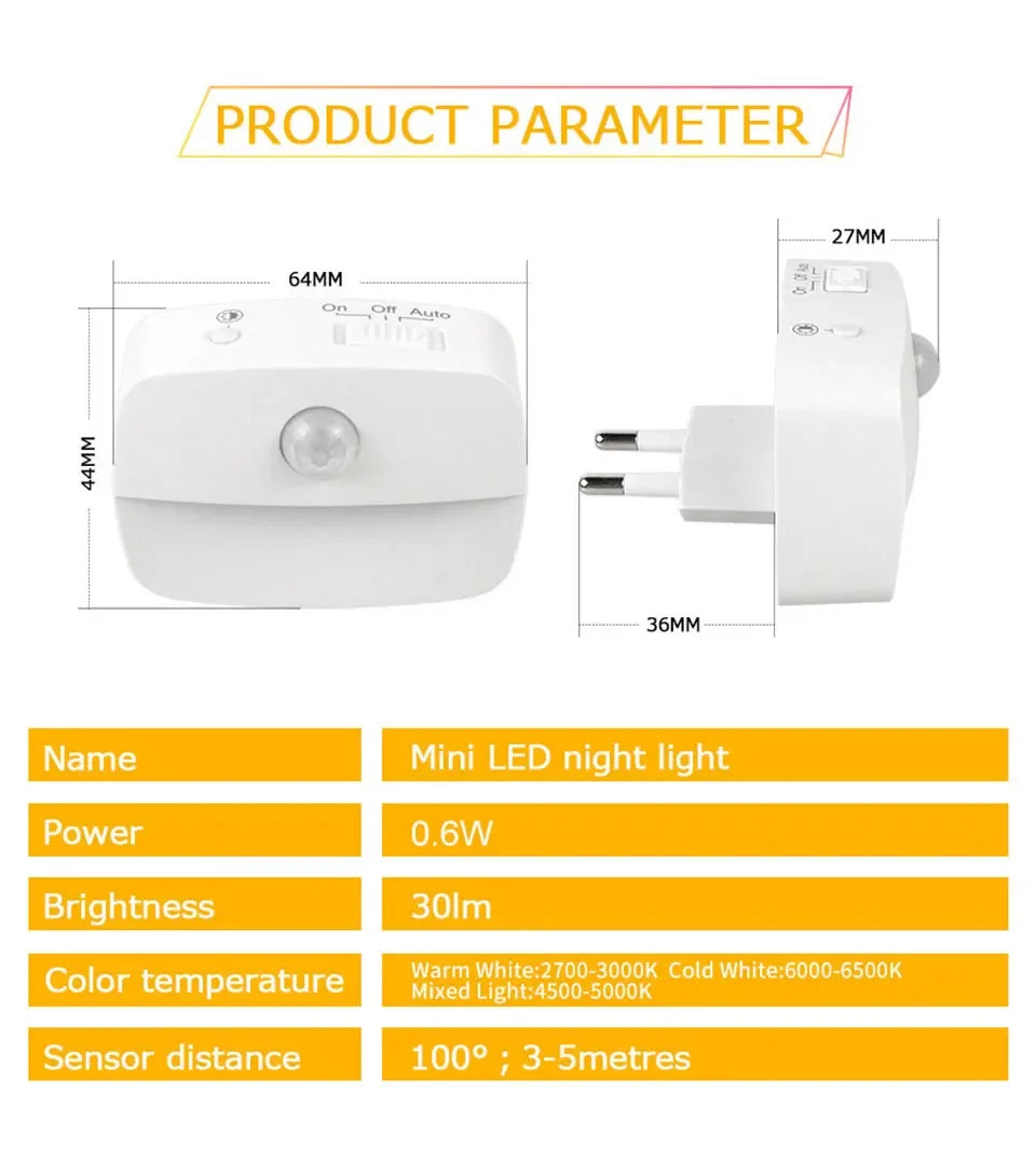 Motion Sensor LED Night Light EU/US Plug in Socket 3 Modes Night Lamp For Room Kitchen Hallway Human Induction Emergency Lightin