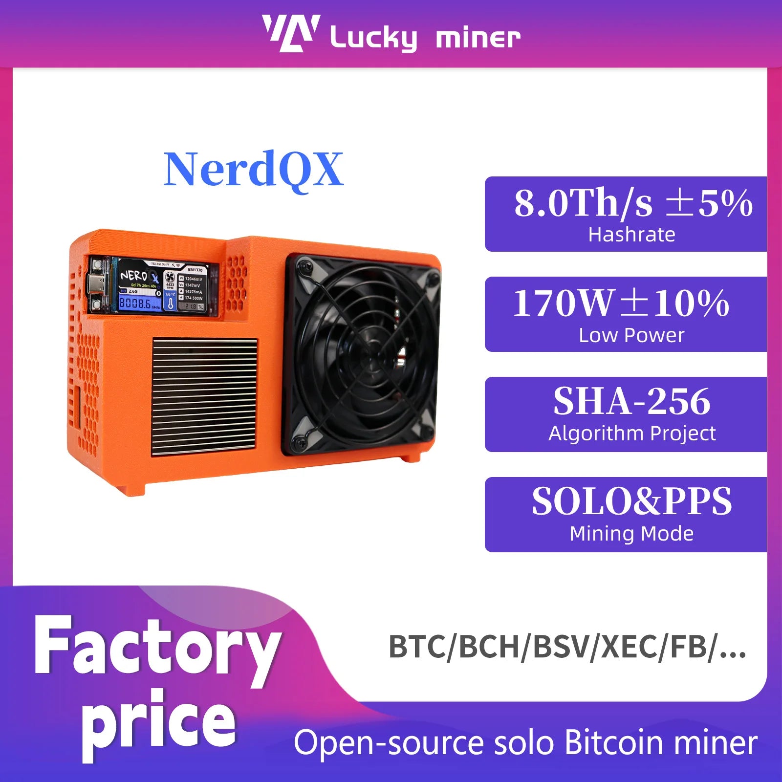 NerdQX 8TH/s ASIC Bitcoin Miner BM1370 Open Source Solo Mining Rig Low Noise 180W Home BTC Mining Equipment