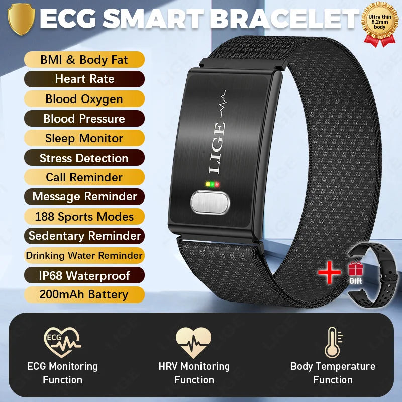 LIGE 2026 ECG+PPG Nursing Grade Smart Bracelet HRV Body Fat BMI Blood Pressure Body Temperature Men Women Health Sports Watches