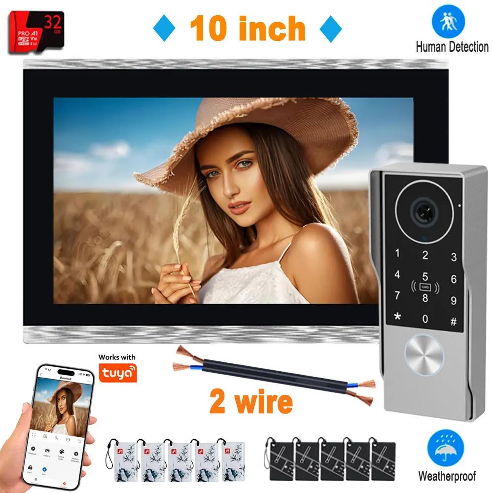 2-Wire Smart Video intercom doorbell 5G WiFi 7/10 inch Touch Screen 1080P Rainproof Camera Password Video Doorphone 5in1 Unlock