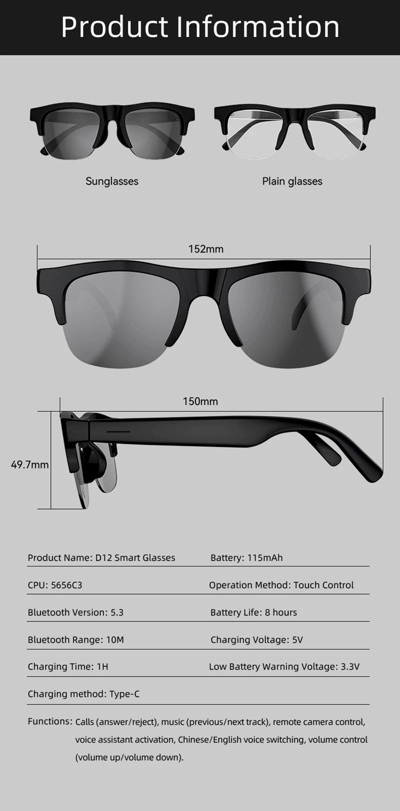 Smart AI Bluetooth Sunglasses Glasses Call Outdoor Sports Headphones HIFI Black Technology Anti-touch UV For Men And Women New