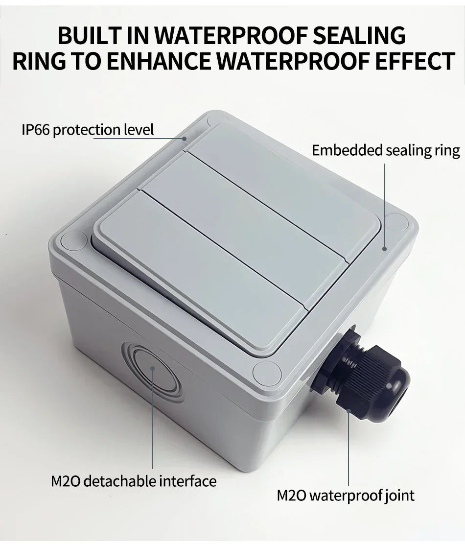 IP66 Rated Outdoor Wall Switch - Weatherproof Push Button, 1/2/3 Gang 16A for Home & Garden