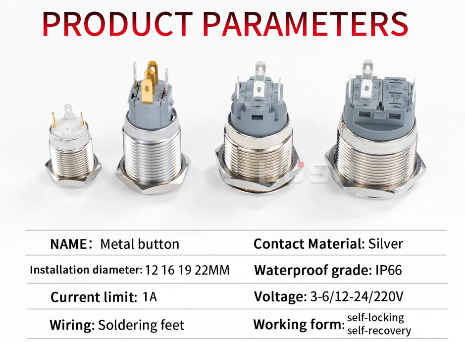 16 19 22mm With Wire Waterproof Metal Push Button Switch LED Ring/Power Light Momentary Latching 5/12/24/220V silver1NO1NC