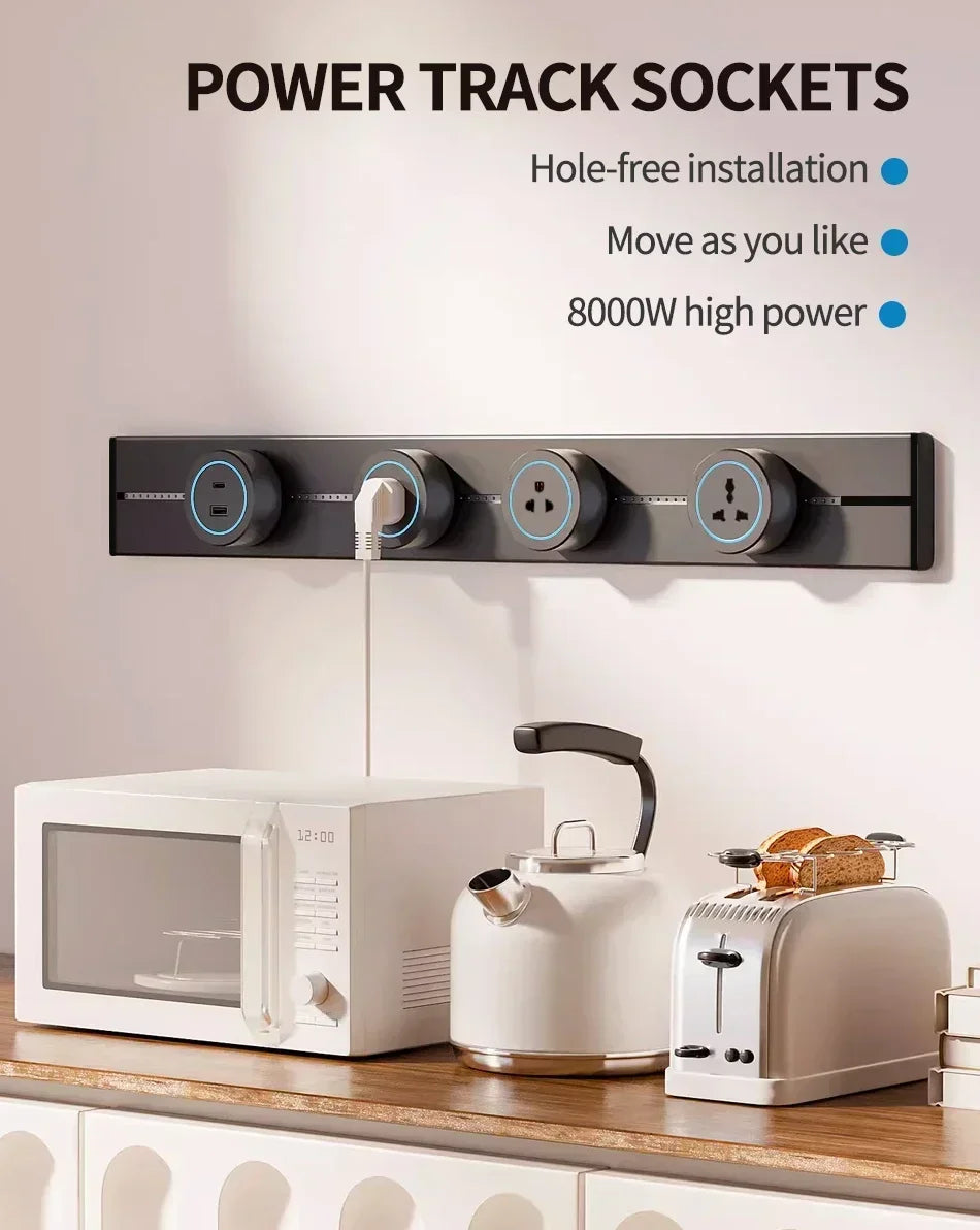 40cm 50cm Track Socket Wall Power Rail Movable Sockets High End Home Appliance Power 8000W EU US UK Standard USB Type c Ports