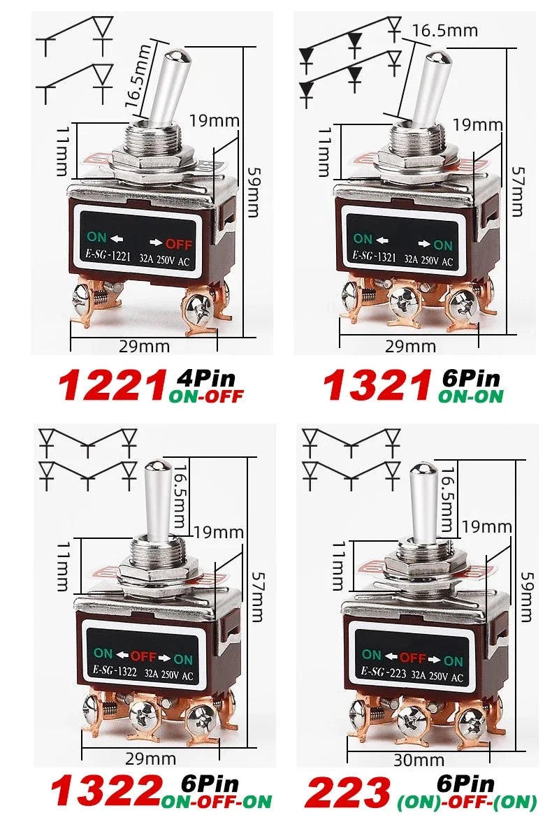 Copper Pin High Current Toggle Switch 2/3/4/6/8/9/12Pin Self Locking Rocker Switch E-SG-1321/1322/1021/1121/123/223