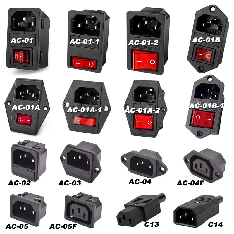 IEC 320 C13 C14 AC Inlet Power Plug Socket 250V 10A Fuse Red Lamp Rocker Switch Rewirable 3Pin Electrical Male Female Connector