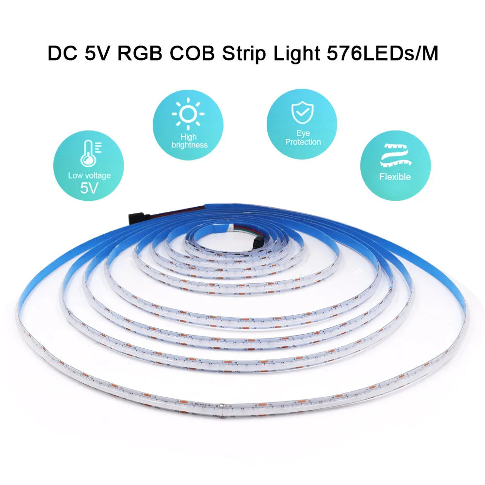 Wifi Bluetooth-compatible RGB COB LED Strip Light 5V 24key 44key Kit Remote Control 576LED High Density Linear Lights Flex Tape