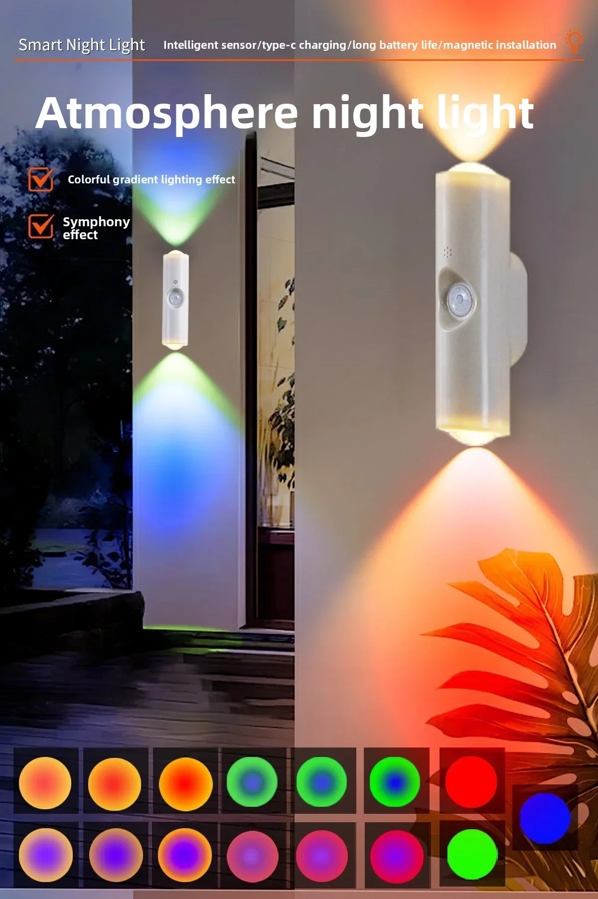 Smart RGB Double-head Wall Light Motion Sensor Magnetic Night Light Rechargeable Spotlight for Bedroom Closet Garden Room Decor