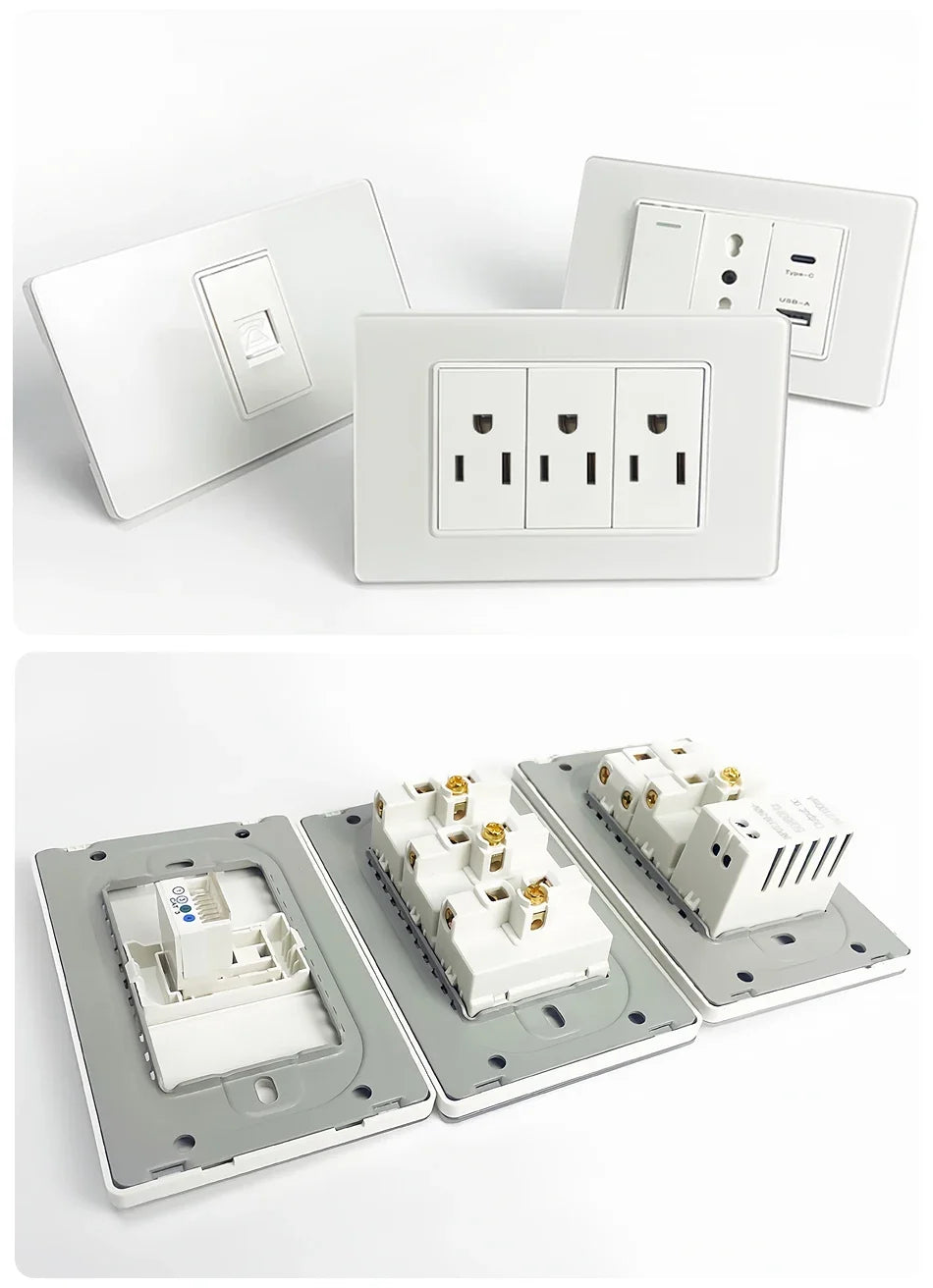 DIY Modular Tempered Glass Wall Plate2x4inch NEMA 5-15R Duplex Outlet US EU Italy Chile Interchangeable Electrical Socket Module