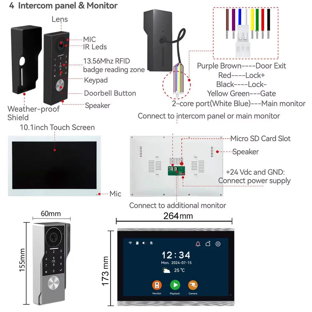 2-Wire Smart Video intercom doorbell 5G WiFi 7/10 inch Touch Screen 1080P Rainproof Camera Password Video Doorphone 5in1 Unlock