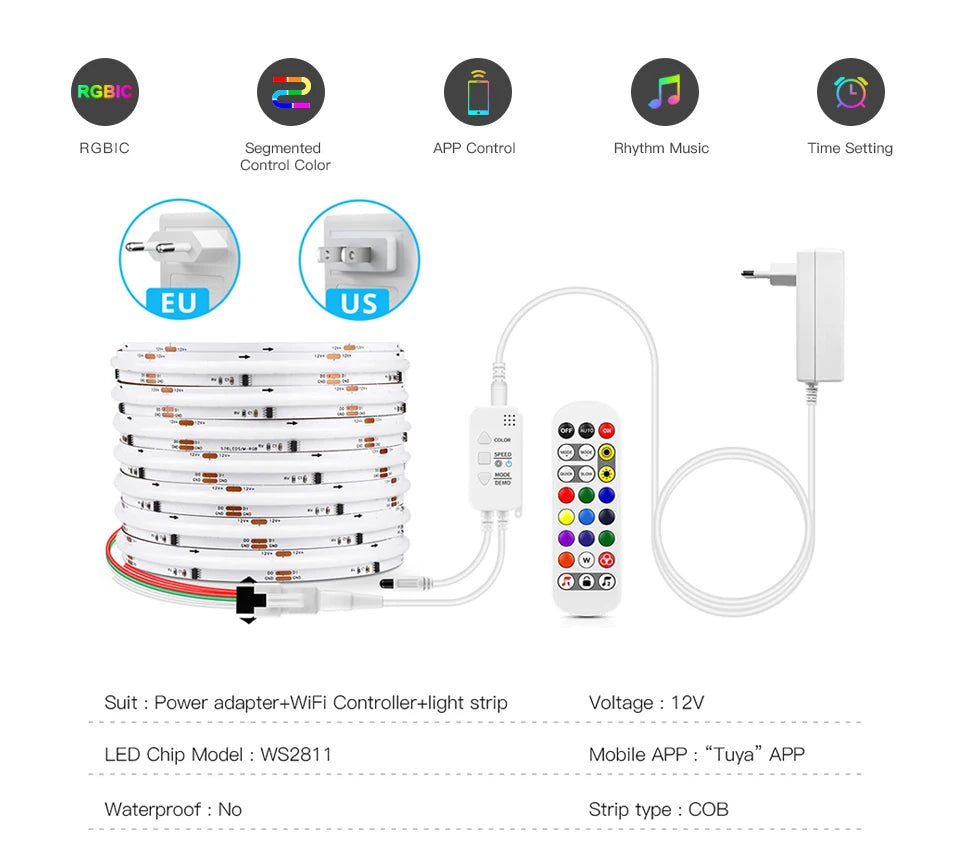 12V Tuya Smart Life App Control RGBIC COB LED Strip Light DIY Addressable WS2811 IC Flexible Tape Ambinet Light for Alexa Google