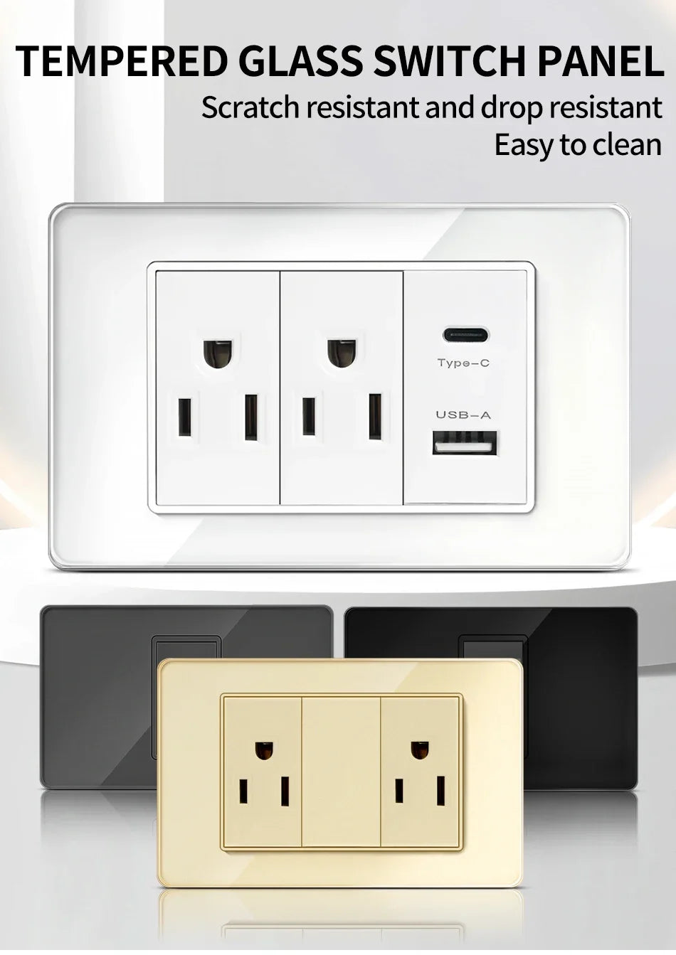 DIY Modular Tempered Glass Wall Plate2x4inch NEMA 5-15R Duplex Outlet US EU Italy Chile Interchangeable Electrical Socket Module