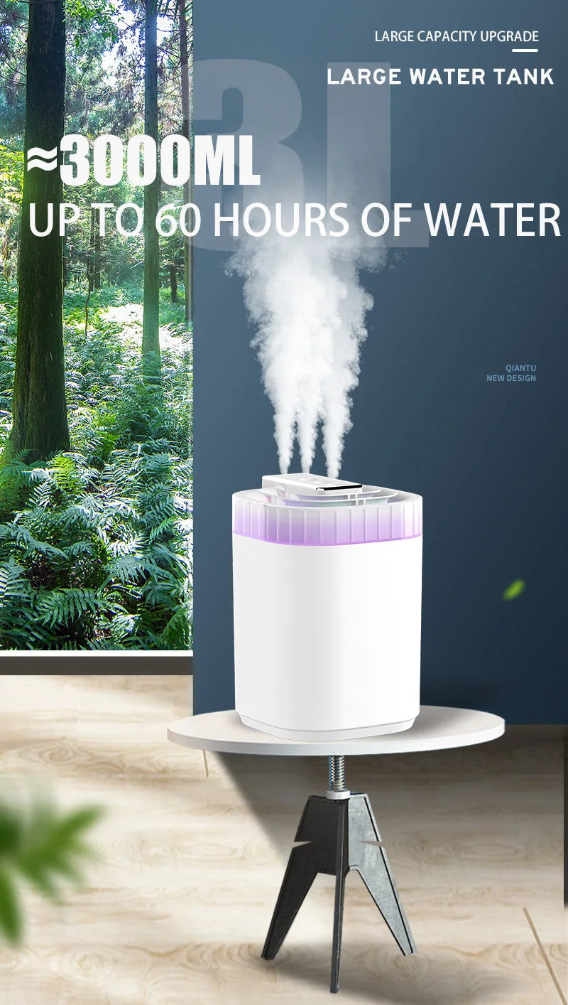 3L Ultrasonic Air Humidifier Cool Mist Humidifier with Night Light and Three Nozzles Quiet USB Aromatic Humidifier for Home