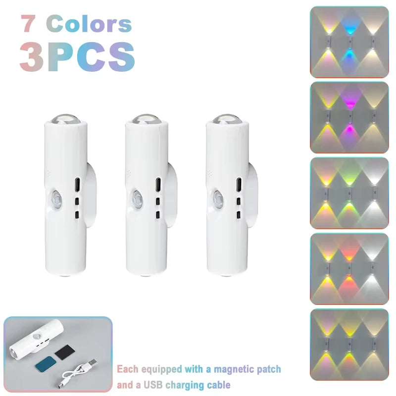 Smart RGB Double-head Wall Light Motion Sensor Magnetic Night Light Rechargeable Spotlight for Bedroom Closet Garden Room Decor
