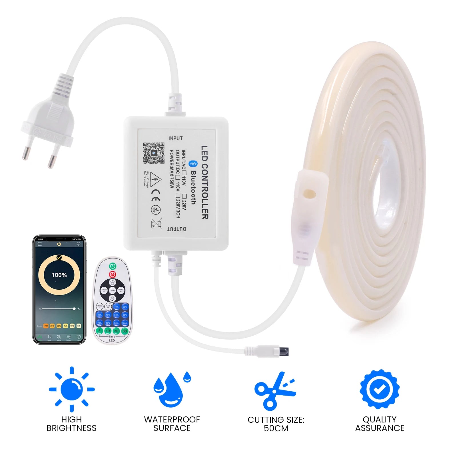 220V Smart COB Strip LED Neon Light 10M 20M 30M 288Leds/m WIFI Bluetooth Dimmable Tape IP67 Waterproof Rope For Room Outdoor