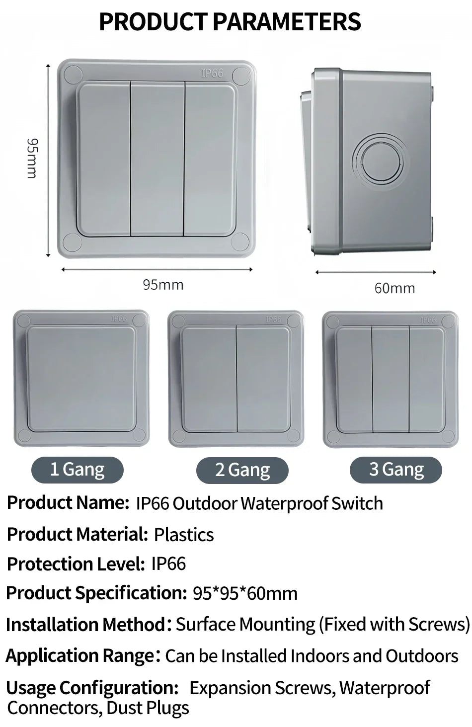 IP66 Rated Outdoor Wall Switch - Weatherproof Push Button, 1/2/3 Gang 16A for Home & Garden