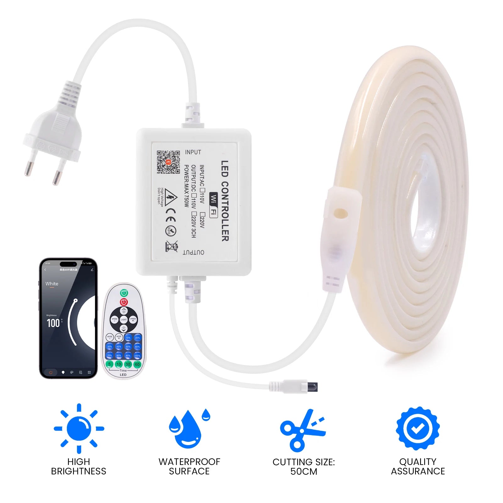 220V Smart COB Strip LED Neon Light 10M 20M 30M 288Leds/m WIFI Bluetooth Dimmable Tape IP67 Waterproof Rope For Room Outdoor