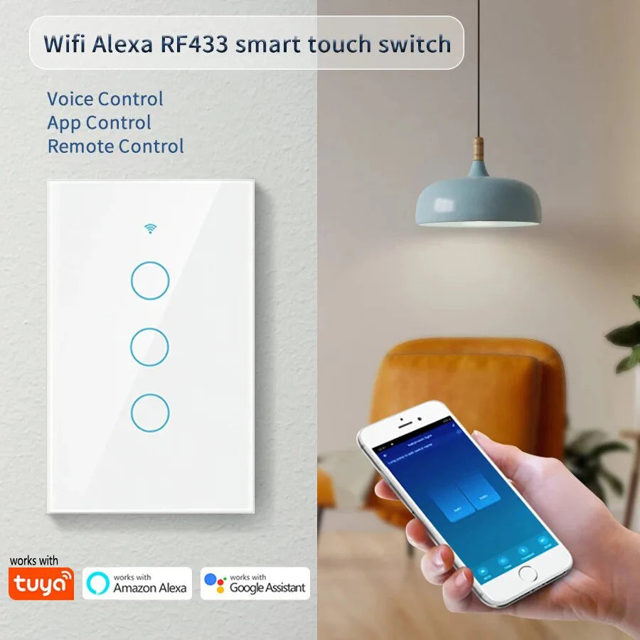 Smart Wifi Touch Switch Neutral Wire/No Neutral Wire Required US 1/2/3/4 Gang Light Switch Works with Tuya Smart Life App