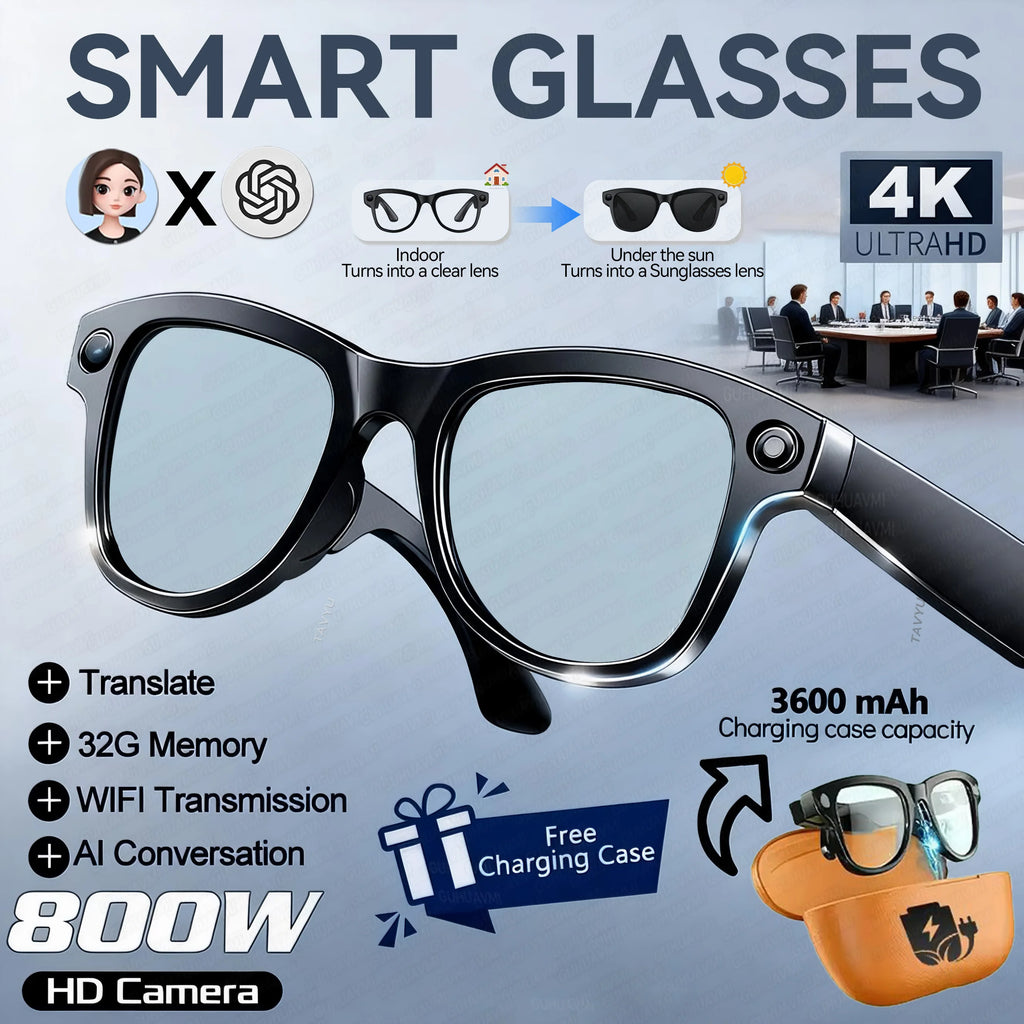 2026 New 32G Memory 800W 4K Camera Smart Glasses Men Photos&Videos 3600mAh Power Bank 120+Languages Translation AI Glasses Women