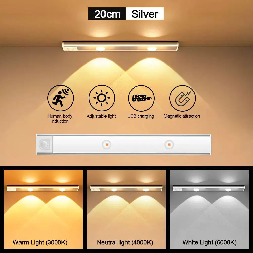 White/Black LED Cabinet Light USB Rechargeable Motion Sensor LED Light for Kitchen Wardrobe Cabinet Lighting 20CM/30CM/40CM/50CM