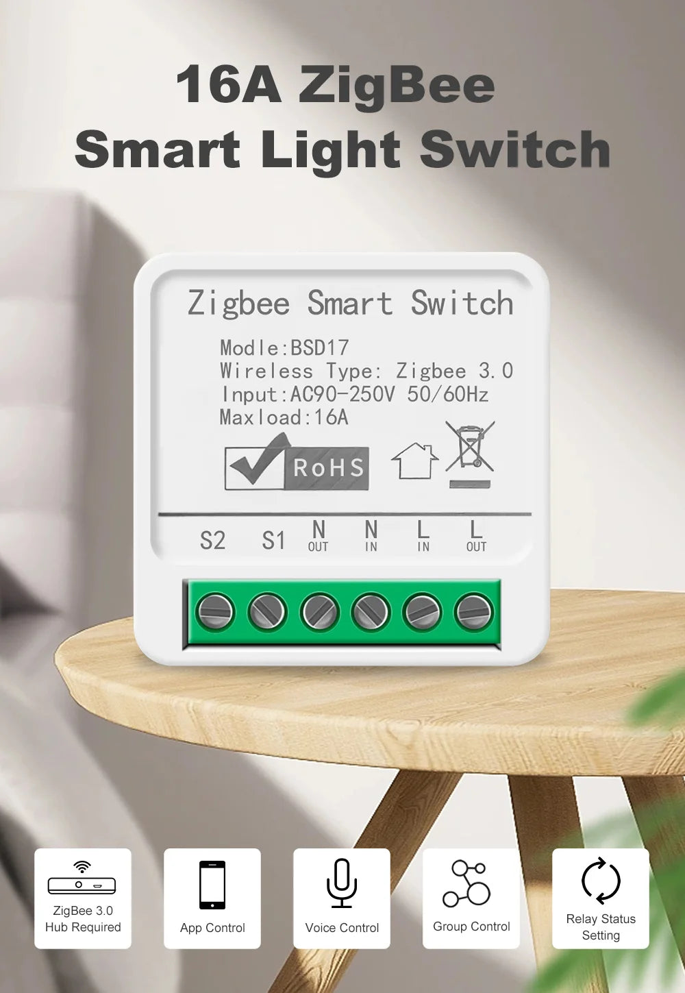 16A ZigBee 3.0 Smart Switch Automation DIY Light Switches Module Supports 2 Way Control Wok Alexa Google Home Zigbee 2Mqtt
