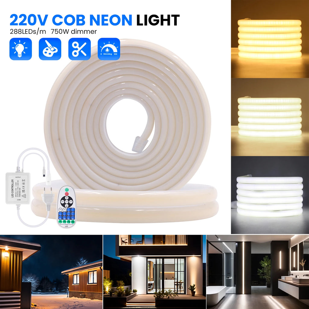 220V Smart COB Strip LED Neon Light 10M 20M 30M 288Leds/m WIFI Bluetooth Dimmable Tape IP67 Waterproof Rope For Room Outdoor