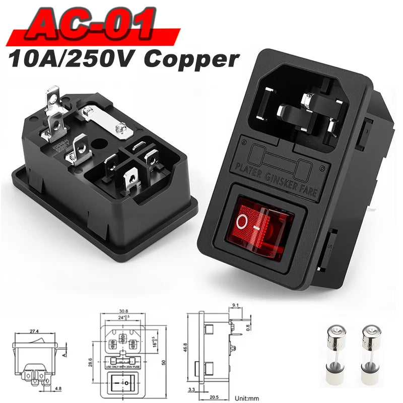 IEC 320 C13 C14 AC Inlet Power Plug Socket 250V 10A Fuse Red Lamp Rocker Switch Rewirable 3Pin Electrical Male Female Connector