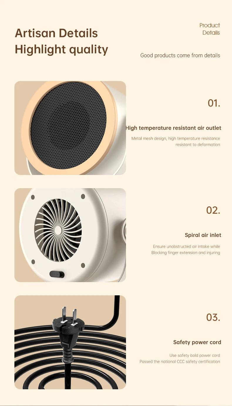 500W Electric Heater Quick Heating Compact 90° Adjustable Angle Portable Desktop Heater Silent Energy Efficient For Home Office