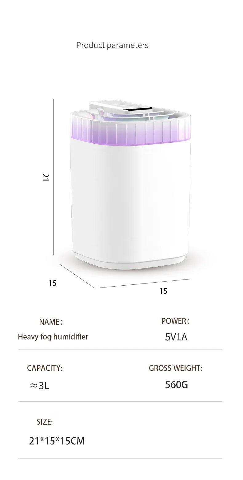 3L Ultrasonic Air Humidifier Cool Mist Humidifier with Night Light and Three Nozzles Quiet USB Aromatic Humidifier for Home