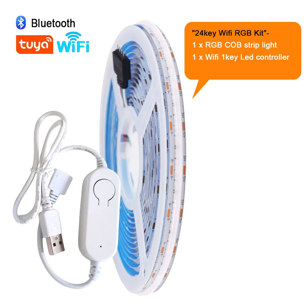 Wifi Bluetooth-compatible RGB COB LED Strip Light 5V 24key 44key Kit Remote Control 576LED High Density Linear Lights Flex Tape