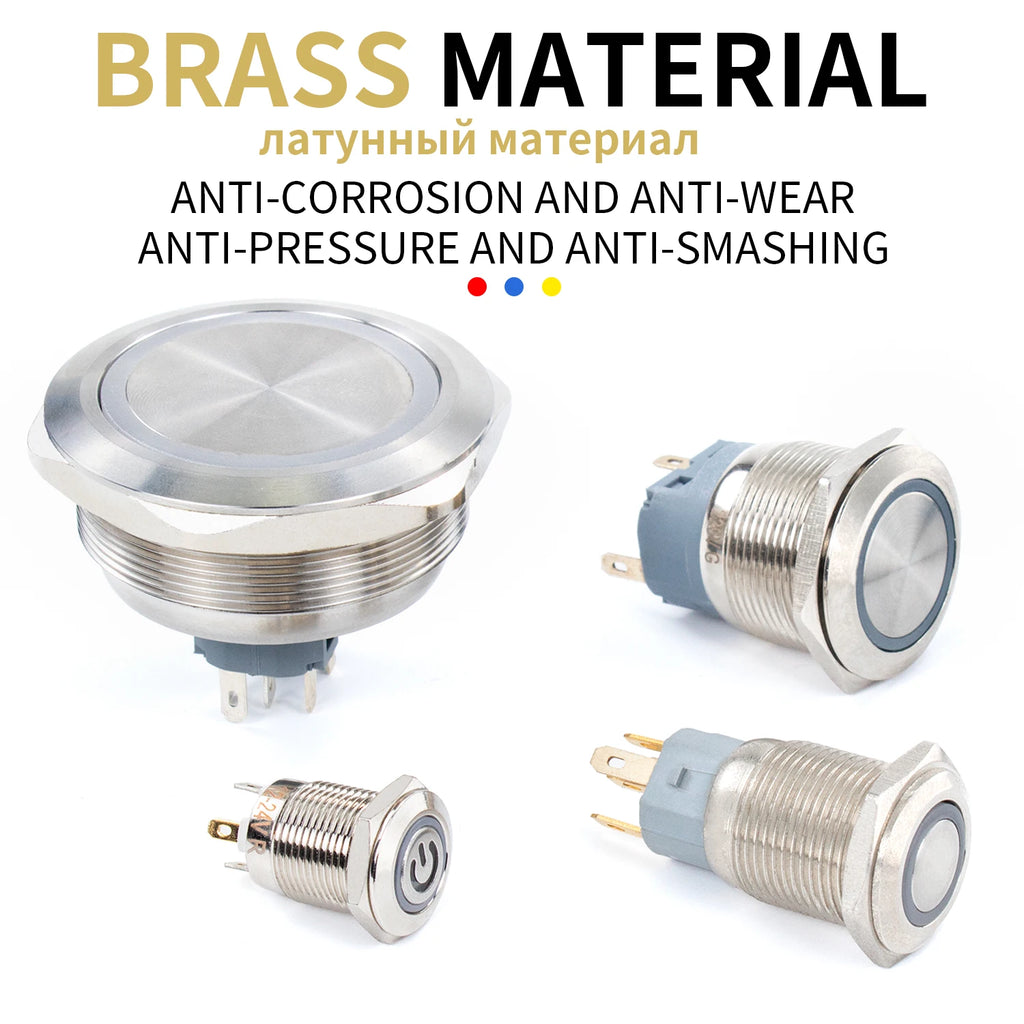 16 19 22mm With Wire Waterproof Metal Push Button Switch LED Ring/Power Light Momentary Latching 5/12/24/220V silver1NO1NC