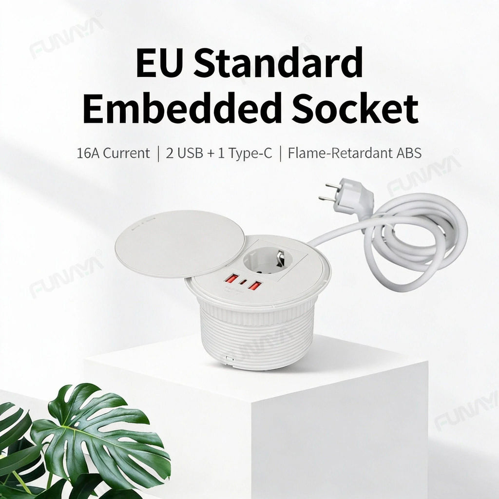 FUNAYA Embedded Circular Desktop Socket EU SG UK Plug with USB TYPE-C Charging Built-in Desk Countertop Table Extension Outlets