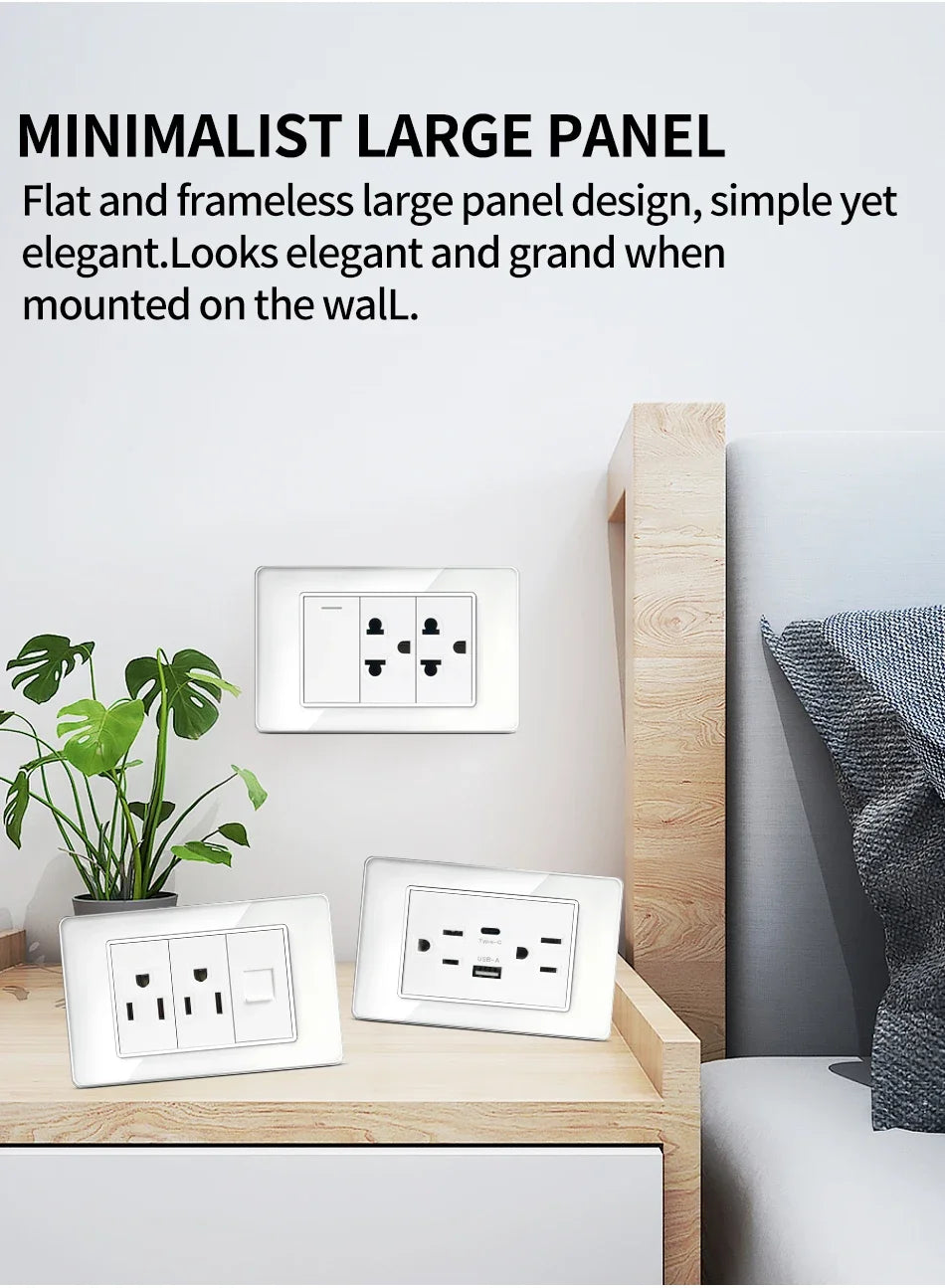 DIY Modular Tempered Glass Wall Plate2x4inch NEMA 5-15R Duplex Outlet US EU Italy Chile Interchangeable Electrical Socket Module