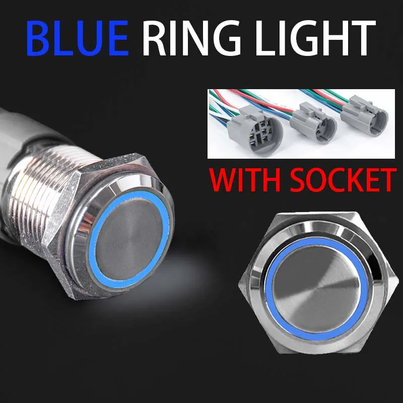 16 19 22mm With Wire Waterproof Metal Push Button Switch LED Ring/Power Light Momentary Latching 5/12/24/220V silver1NO1NC