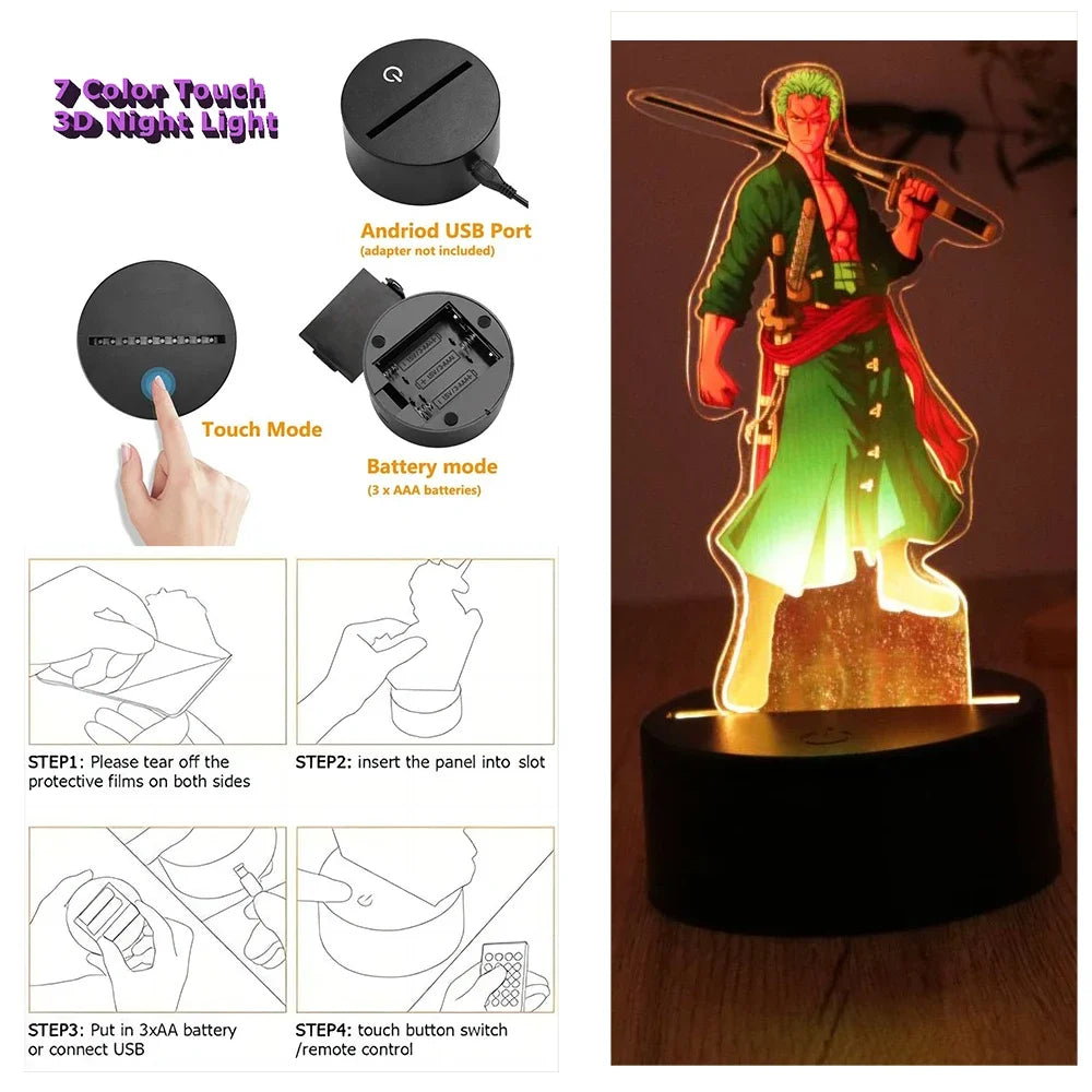 LED Night Light Anime Figure One Piece Luffy Zoro Figures Lamp PVC Action Collection Bedside Table Decoration Kid Christmas Gift
