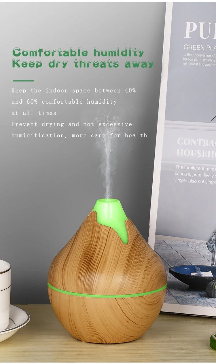 350ML Aromatherapy Essential Oil Diffuser Wood Grain Remote Control Ultrasonic Air Humidifier Cool with 7 Color LED Light