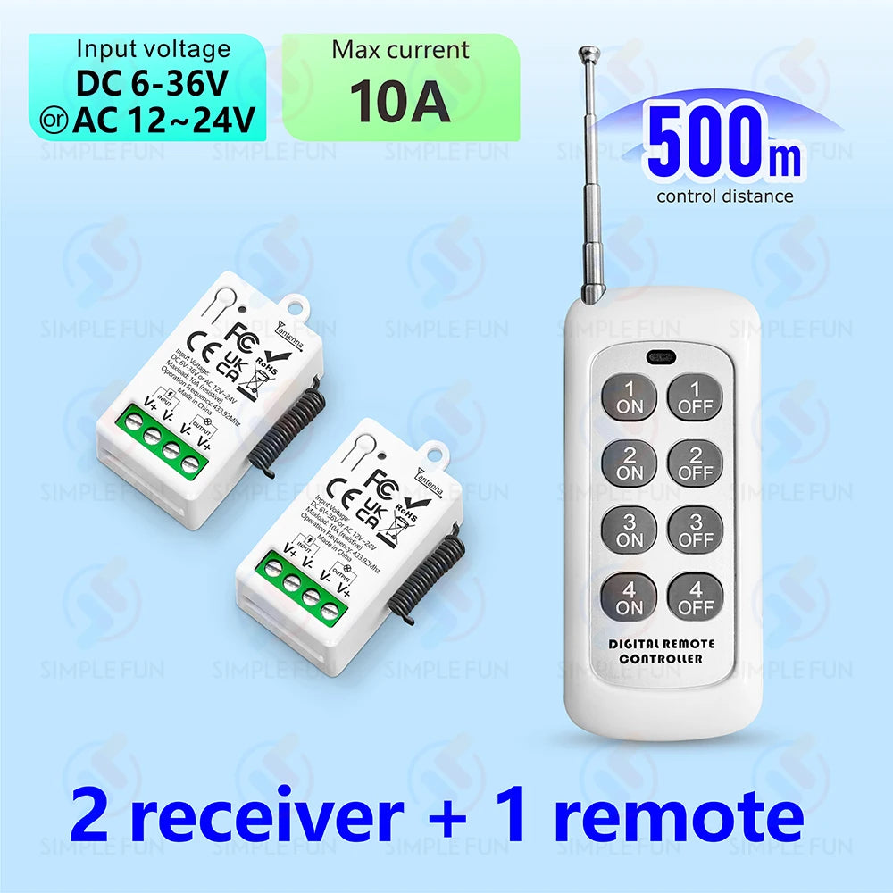 433Mhz Wireless Remote Control Light Switch DC 6V 12V 24V 30V 36V 10A Relay Receiver 500m Range,for LED Pumps Fan Magnetic Lock