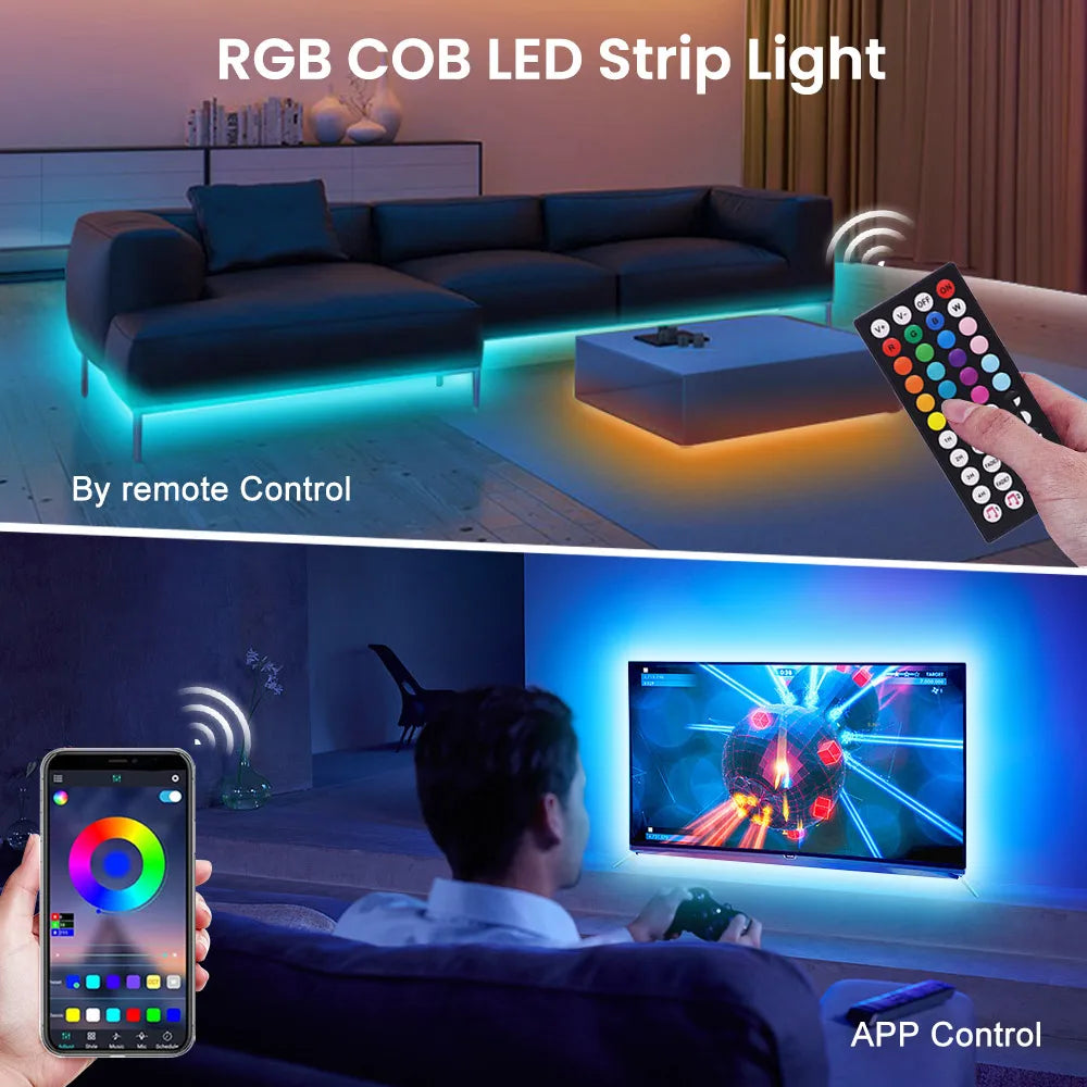 Wifi Bluetooth-compatible RGB COB LED Strip Light 5V 24key 44key Kit Remote Control 576LED High Density Linear Lights Flex Tape
