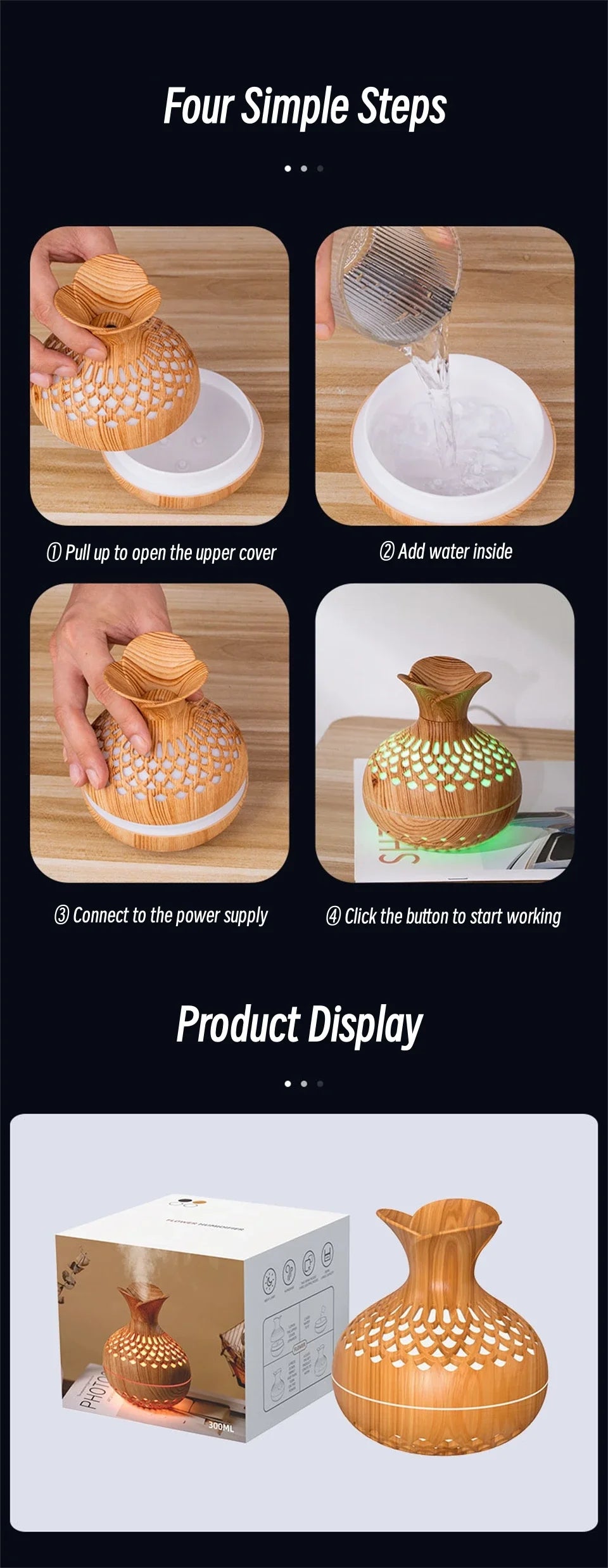 Wood Grain Vase Humidifier Household Electric Ultrasonic Air Humidifier Desktop Essential Oil Diffuser Air Purifier Home Room