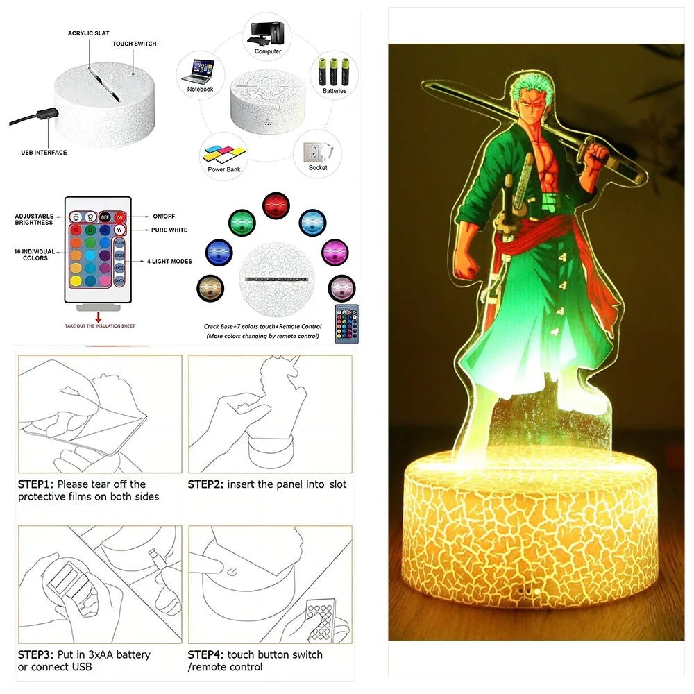 LED Night Light Anime Figure One Piece Luffy Zoro Figures Lamp PVC Action Collection Bedside Table Decoration Kid Christmas Gift