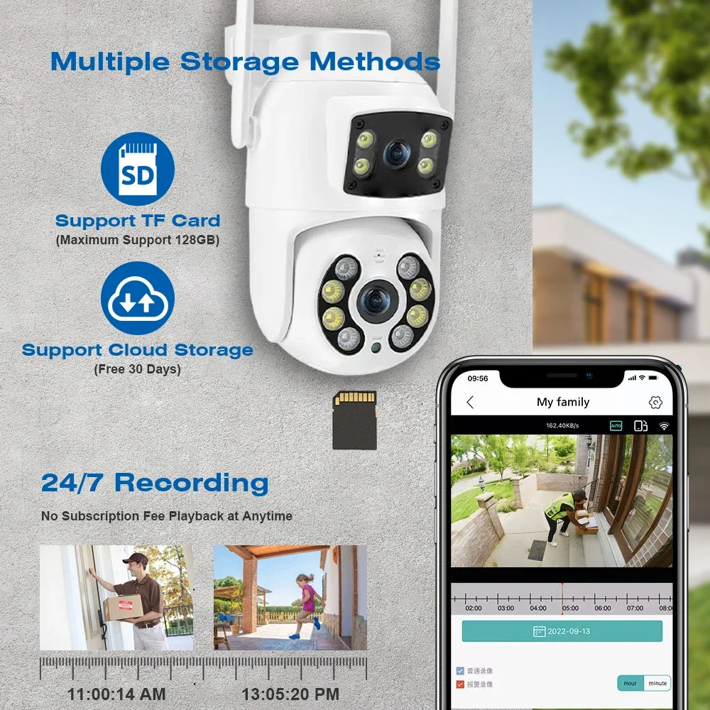 TAITAS 8MP 4K PTZ Wifi Camera with Dual Lens Dual Screens AI Human Detection Wireless Outdoor CCTV Security IP Camera Ziicam