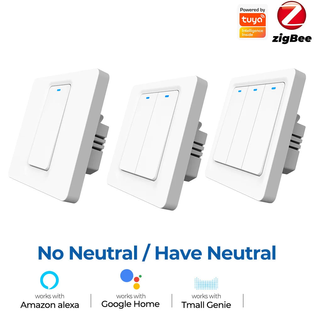 Tuya Zigbee Smart Switch No Neutral Wire No Capacitor 1/2/3Gang EU Wall Push Light Switch Smart Life APP Voice for Alexa Google