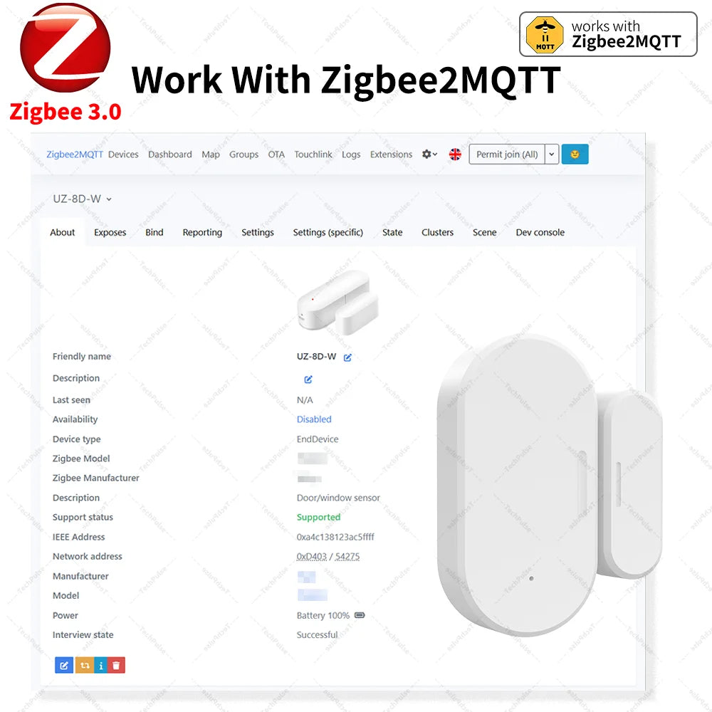 Zigbee Door Window Sensor UZ-5D Compatible with SmartLife Work With Yandex Alexa Zigbee2MQTT ZHA HomeAssistant
