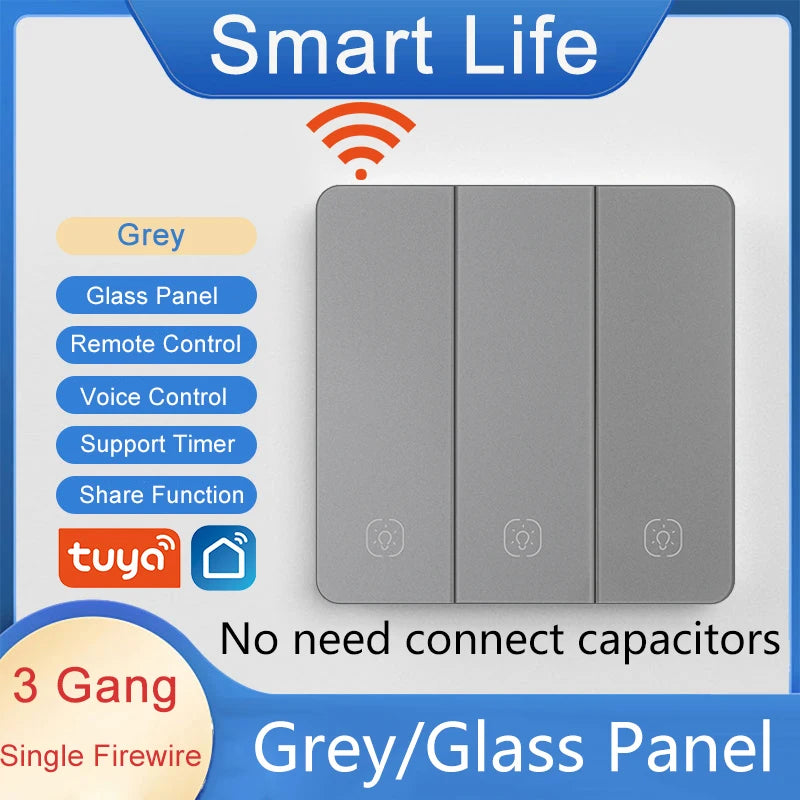 Tuya Smart WiFi Smart Light Switches glass panel No Neutral Wire No capacitor required Remote control Support Alexa Google Home