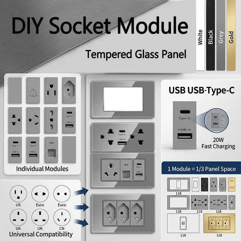 DIY Modular Tempered Glass Wall Plate2x4inch NEMA 5-15R Duplex Outlet US EU Italy Chile Interchangeable Electrical Socket Module